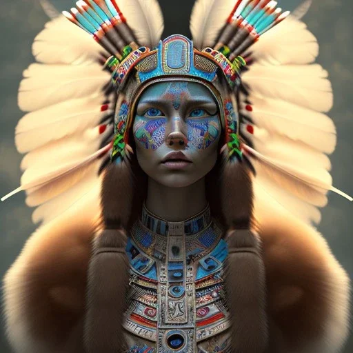 war painted pueblo Indian female,detailed eyes, blue eyes,, disturbed expression.intricate detaile,thnically accurate face, intricate head dress,detailed turquoise jewelry, detailed hair, detailed feathers, use dynamic palette, accurate proportions, high contrast black smokey bokeh background.studio ghibli,andrea bonelli,Kilian Eng,Ohrai, korra character, style.