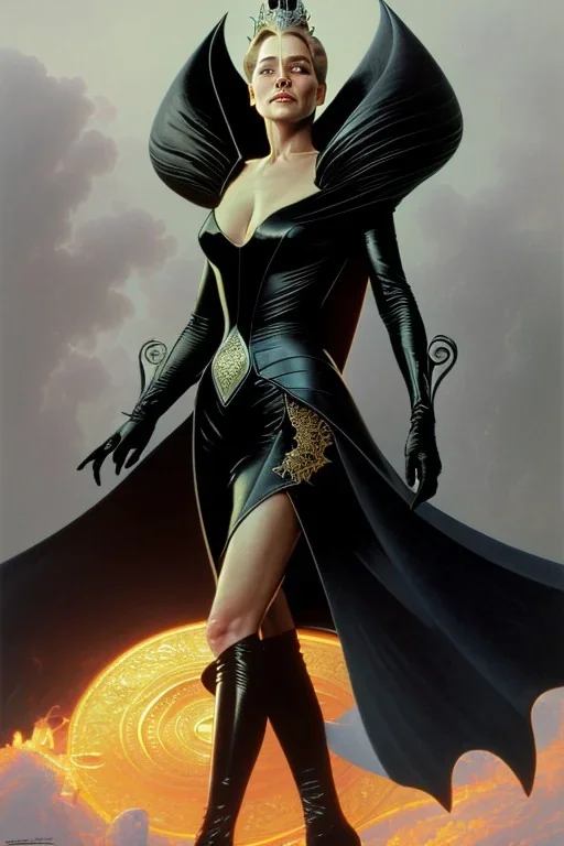 painting of Sharon Stone as evil queen in black leather gown, feminie, angry, stern look on her face, emperious, highly detailed, digital painting, artstation, concept art, smooth, sharp focus, illustration, art by gaston bussiere and alphonse mucha