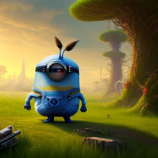 pixar style, volumetric summer apocalyptic environment and background, realistic painting of a mutant Minion, smiling, detailed digital painting, extreme dense and fine fur, anime, ornate, colour-washed colors, elegant, small minutiae, tiny features, particulars, centered, smooth, sharp focus, renderman gofur render, 8k, uhd, detailed eyes, realistic shaded volumetric lighting, sunlight caustics, backlight, centered camera view