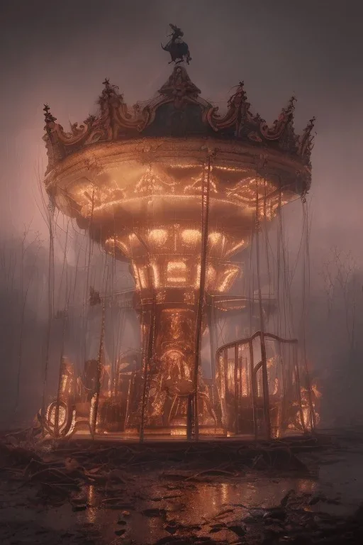 An Abandoned Carousel In Flames, Hyperdetailed, Digital Painting, Digital Illustration, Extreme Detail, Digital Art, 4k, Ultra Hd, Realistic And Natural, Detailed, Hyperrealism, Concept Art, Matte Painting, Trending On Artstation, Greg Rutkowski, Johan Grenier .