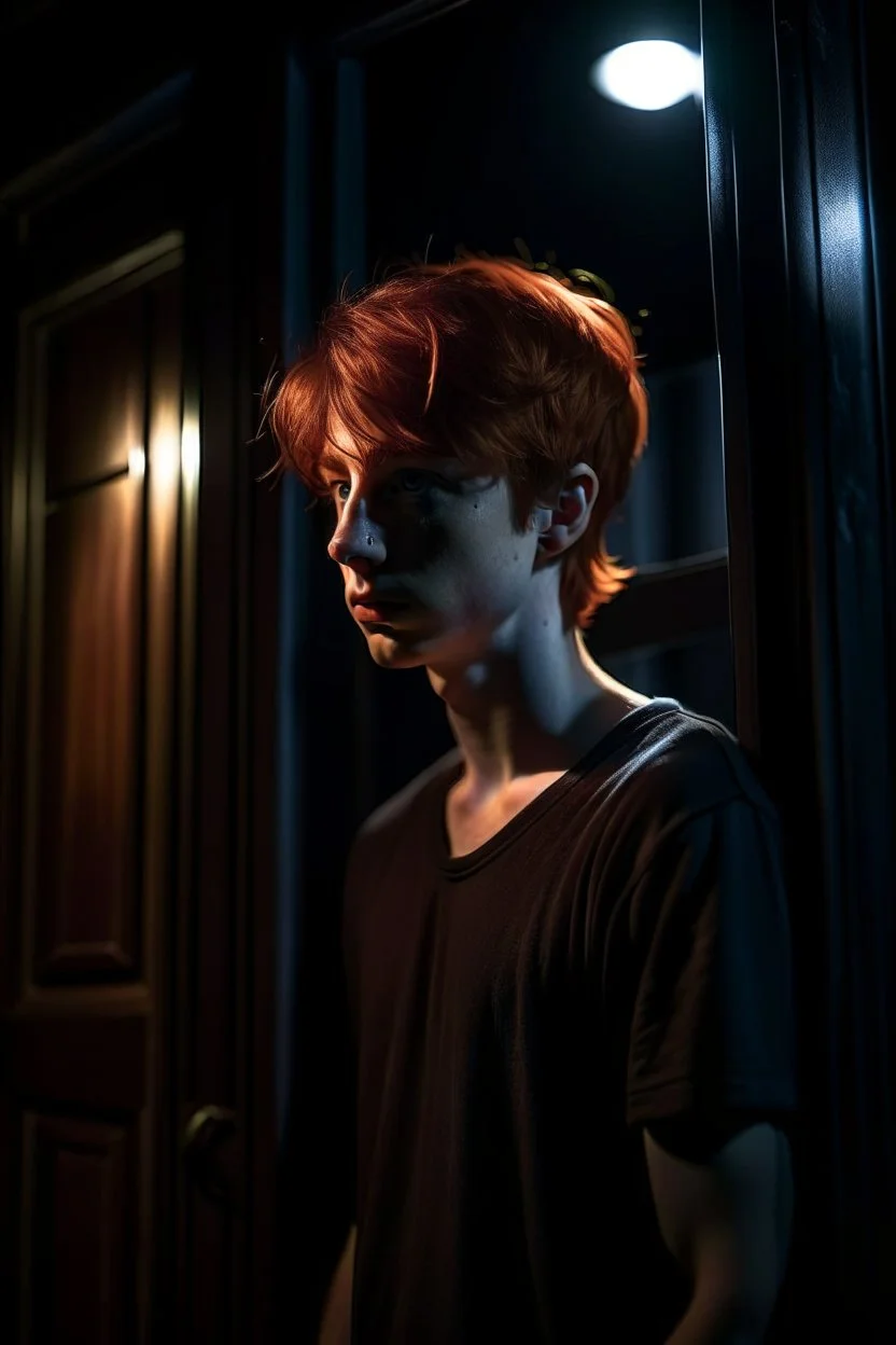 A profile photo of a stocky teen boy, wearing underwear, standing in an empty doorway, night scenery behind, full moon in the sky, messy red hair, handsome face, muscular build, warm indoor lighting, cinematic photography, high resolution, high quality, highly detailed.