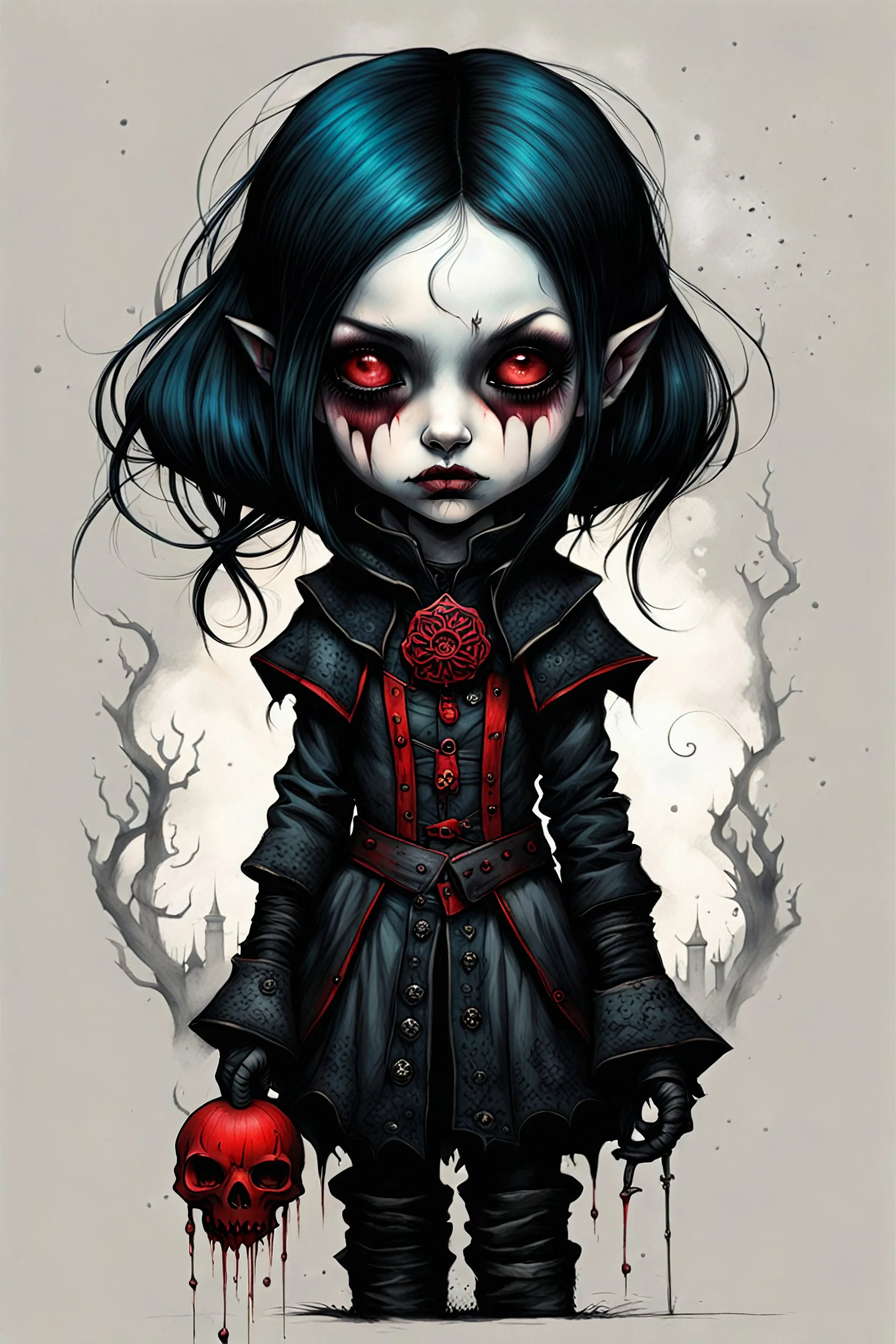 create a highly ethereal, darkly magical full body portrait illustration of a lonely orphan goth vampire girl , with highly detailed and deeply cut facial features, in the the style of JEAN-BAPTISTE MONGE, searing lines and forceful strokes, precisely drawn, boldly inked, with vibrant colors