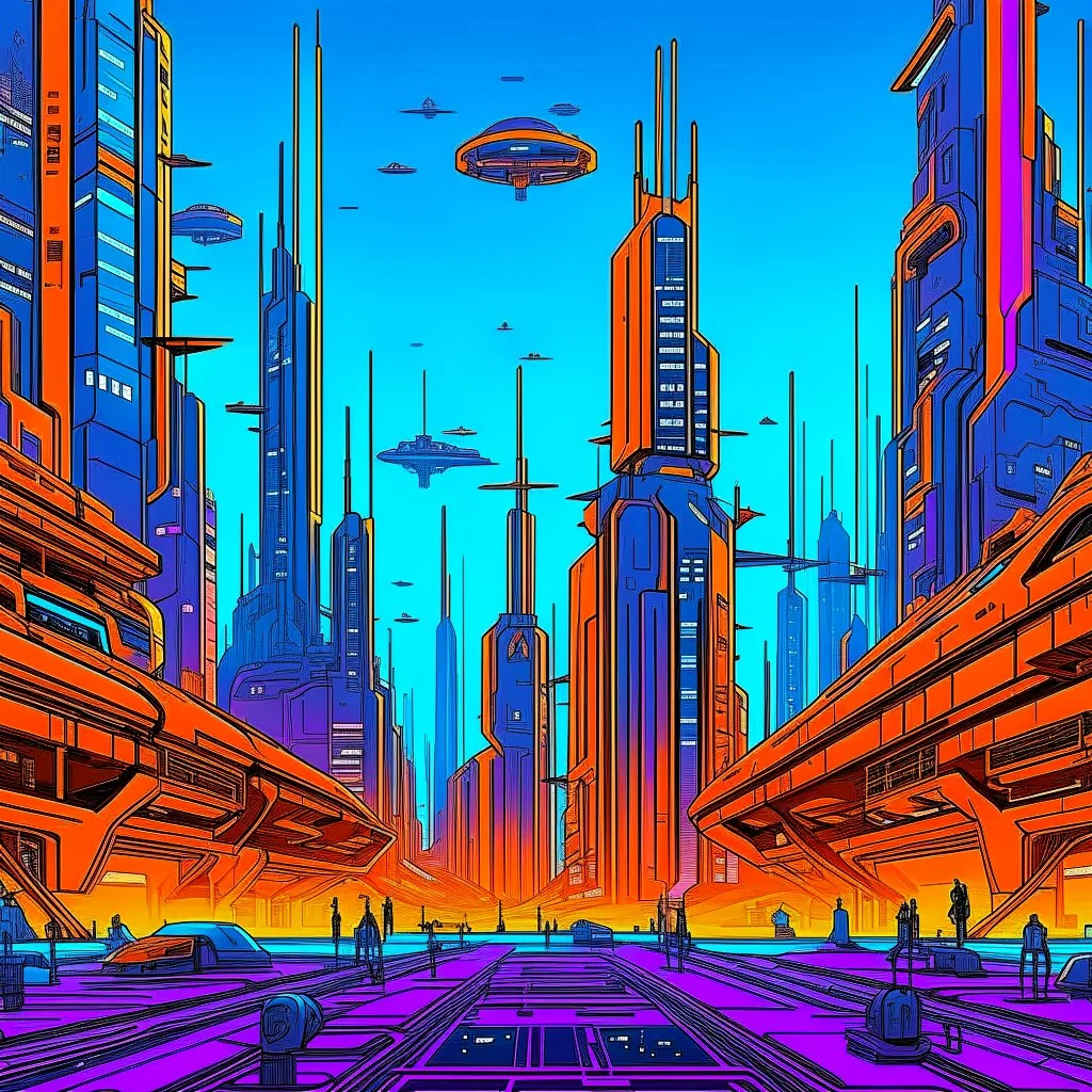 cyberpunk retro futuristic for comics from far away in orange