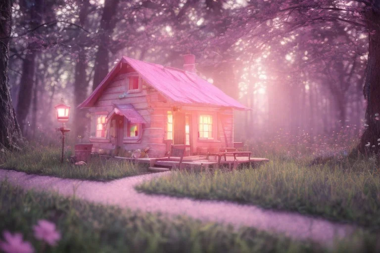 a cute pink and blue fairy small house in the forest, spring time, mushrooms, 8k, flickering light, centered, high-quality, fine-detail, digital art, detailed matte, volumetric lighting, illustration, 3D octane render