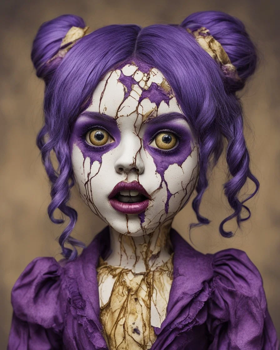 full color, illustration of a darkpurple and gold tones, menacing, Singer Melanie Martinez face, as a decayed, broken, crude homemade cloth doll toy, with a narrow cracked porcelain face, thick dark eyebrows, hair in two gradually, made from ragged strips of cloth, in the style of Alex Pardee, Tim Burton, and Nadya Sheremet