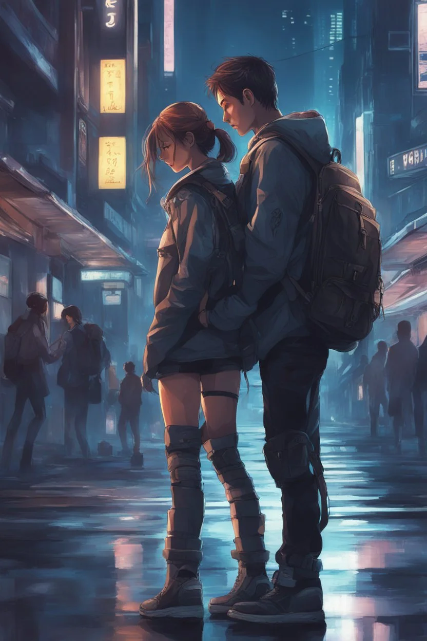 Science fiction, cyberpunk, city street, couple girl and guy, together, love at first sight, summer night, embrace, no backpack