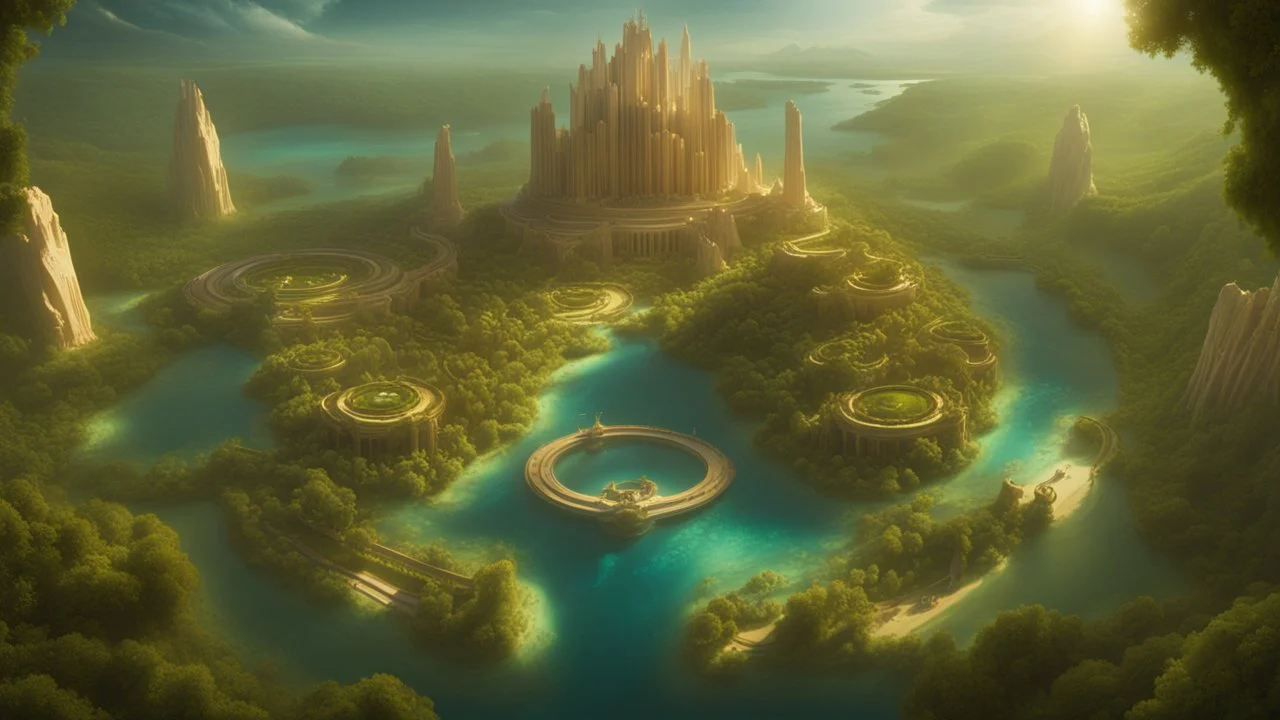 This 8K high-definition image depicts the scene of Atlantis. Rich architecture and vegetation adorn its surface, while iconic ring-shaped structures are distributed across the landscape, showcasing the prosperity of an advanced civilization. The interplay of light and shadow highlights intricate details, creating a mysterious and grandiose portrayal that invites contemplation of the splendor of this civilization. Bright rich colors and gold, grand in scale highly detailed