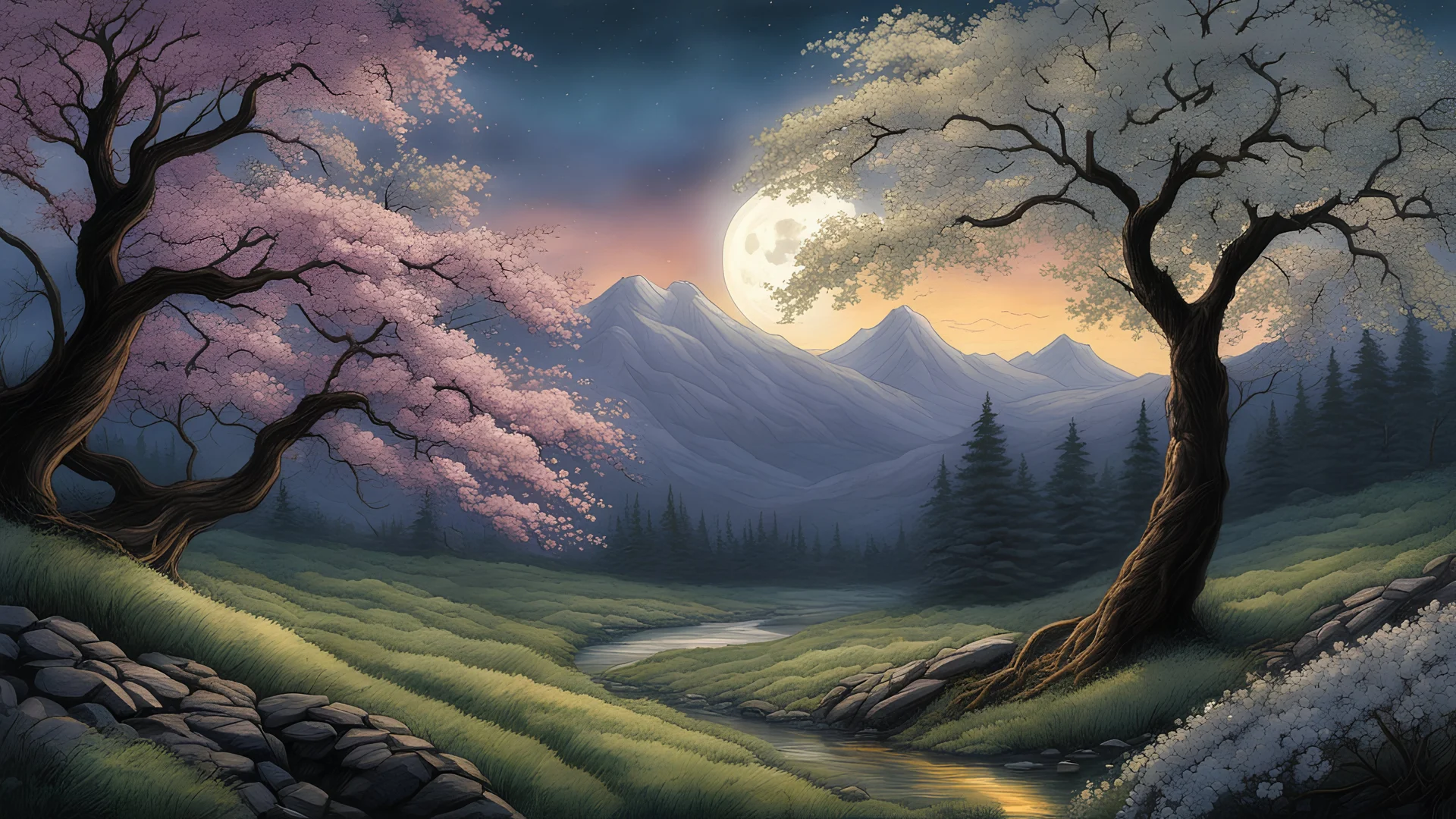 Flowering dogwood tree digital watercolors soft watercolors painting illustration masterpiece beautiful field flowers creek mountains scary raining shooting stars twinkling stars glistening stars glittery stars large full moon stars fireflies intricate motifs perfect composition masterpiece insanely-detailed extreme-detailed hyper-detailed beautiful volumetric deep rich colors volumetric lighting shadows Ray tracing rough edges Mark Brooks and Dan Mumford, comic book art, perfect, smoothsinister