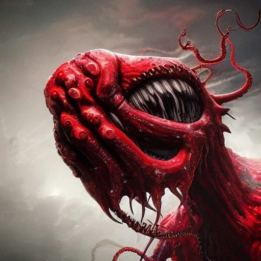 red, tentacles, a lot of eyes, teeth, monster, horror, blood, huge, scary, hyperrealism, gore, masterpiece, expert, volumetric lighting, deformed, sharp focus, 8K