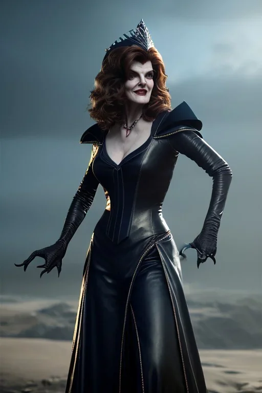 younger Rene Russo as evil queen in leather, cleavage, angry, stern look, unreal 5, octane render,cinema4d, dynamic lighting, dramatic lighting, 4k, redshift render, highly detailed, hyper realistic