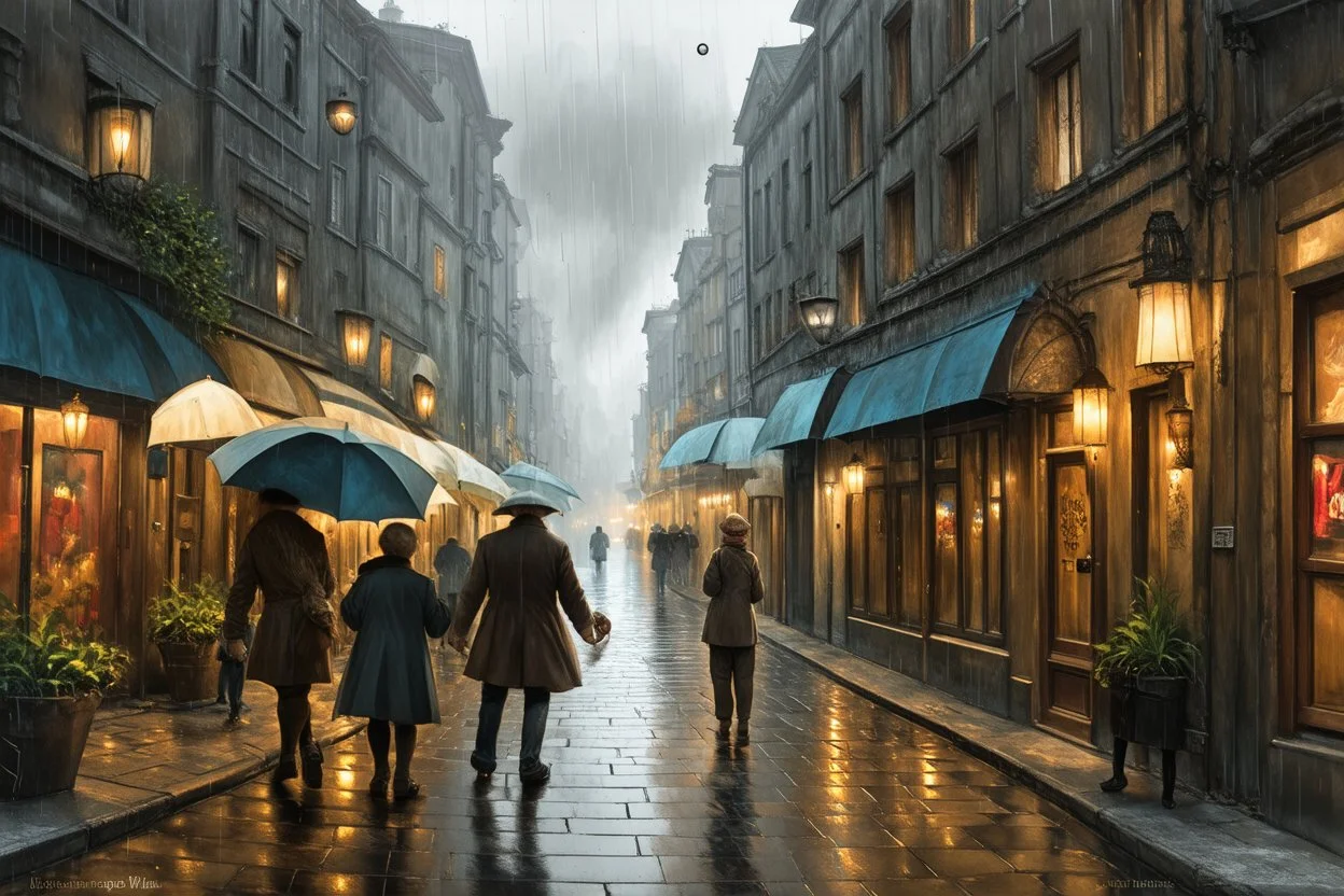 street with some people. Rain and fog. Rainy day. Jean-Baptiste Monge style, watercolor, ink. Picturesque and colorful. Modifiers: highly detailed intricate 8k beautiful award winning fantastic view very cute no watermark Yasek yerka