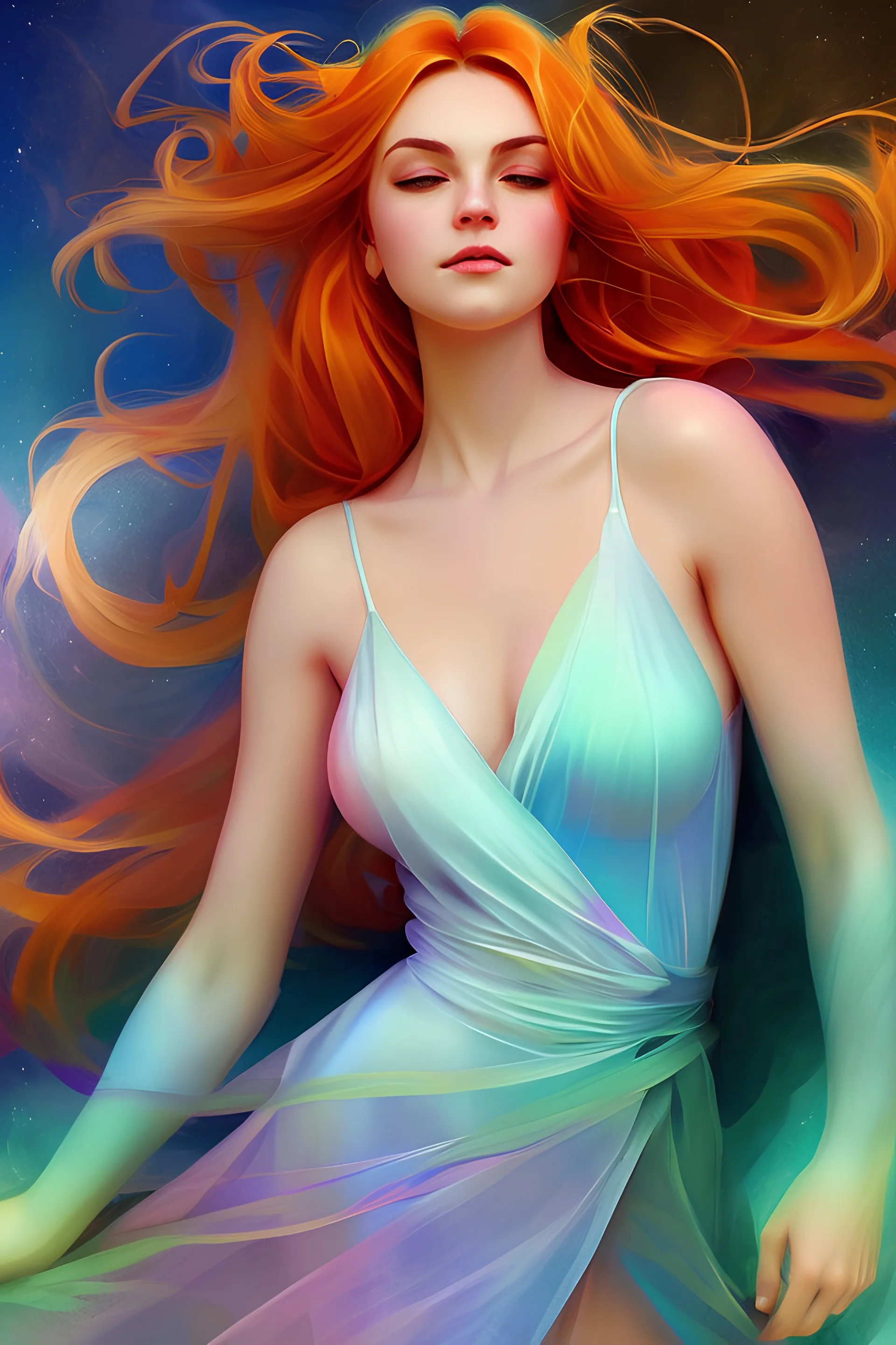 goddess wearing a wrap dress, universes collide, triadic color, dslr, auburn hair, in the style of shaiya, concept art from artstation, photograph, realistic, lithe body, nineteen years old, volumetric lighting