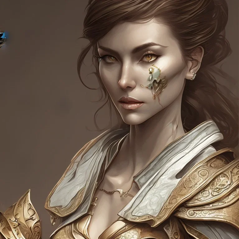 dungeons and dragons, female human, druid, brown hair, brown eyes, full body, realistic face, short hair, hair tied back, large nose, closed mouth, leather armor, face scars