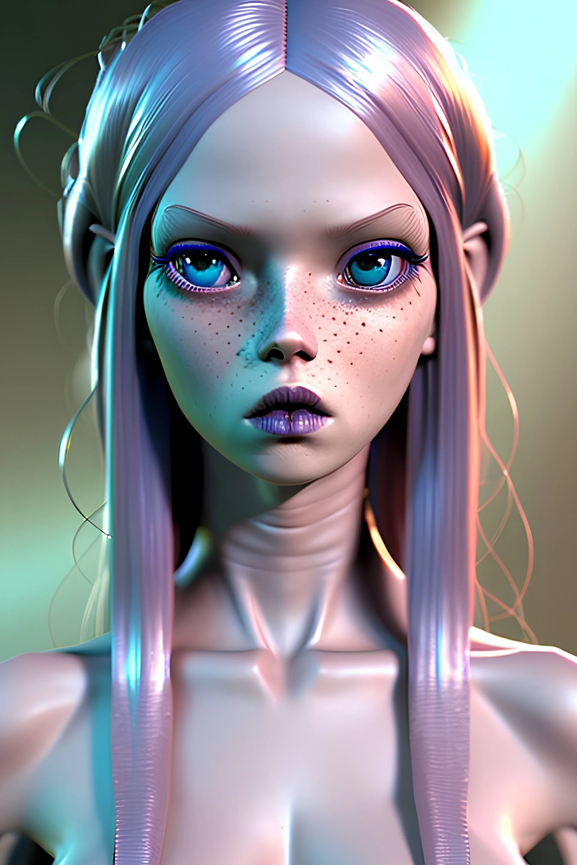 punk woman Artgerm Tim Burton, award-winning cgi, blender, rendered in maya with long cinnamon coloured hair, sparkling dark blue eyes, freckles and light pink cheeks, pale colouring