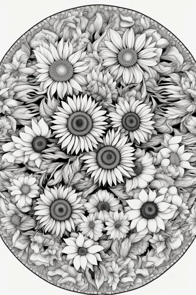 Mandala of sunflowers intertwined with butterflies, illustrated in black and white with defined lines for an adult coloring book, contour, vector, sleek line art, on a white backdrop