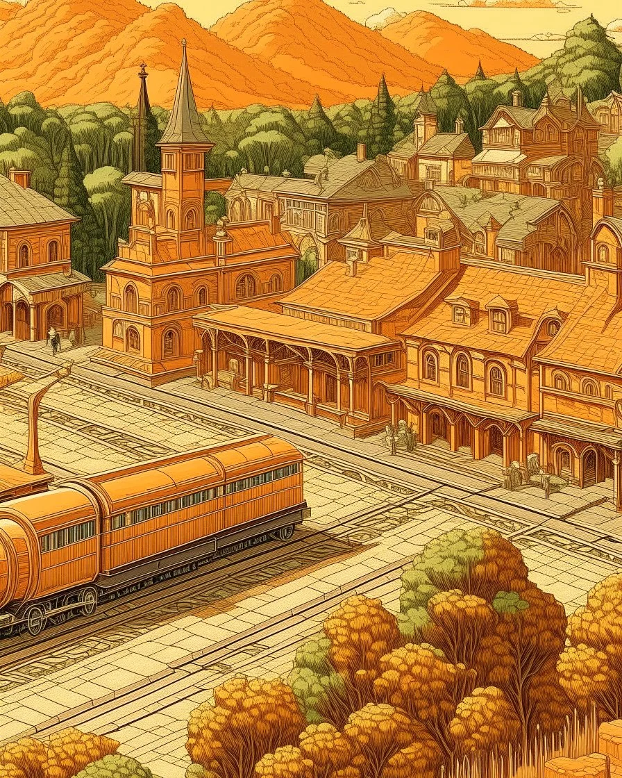 A light orange western town with a train station designed in medieval tapestry