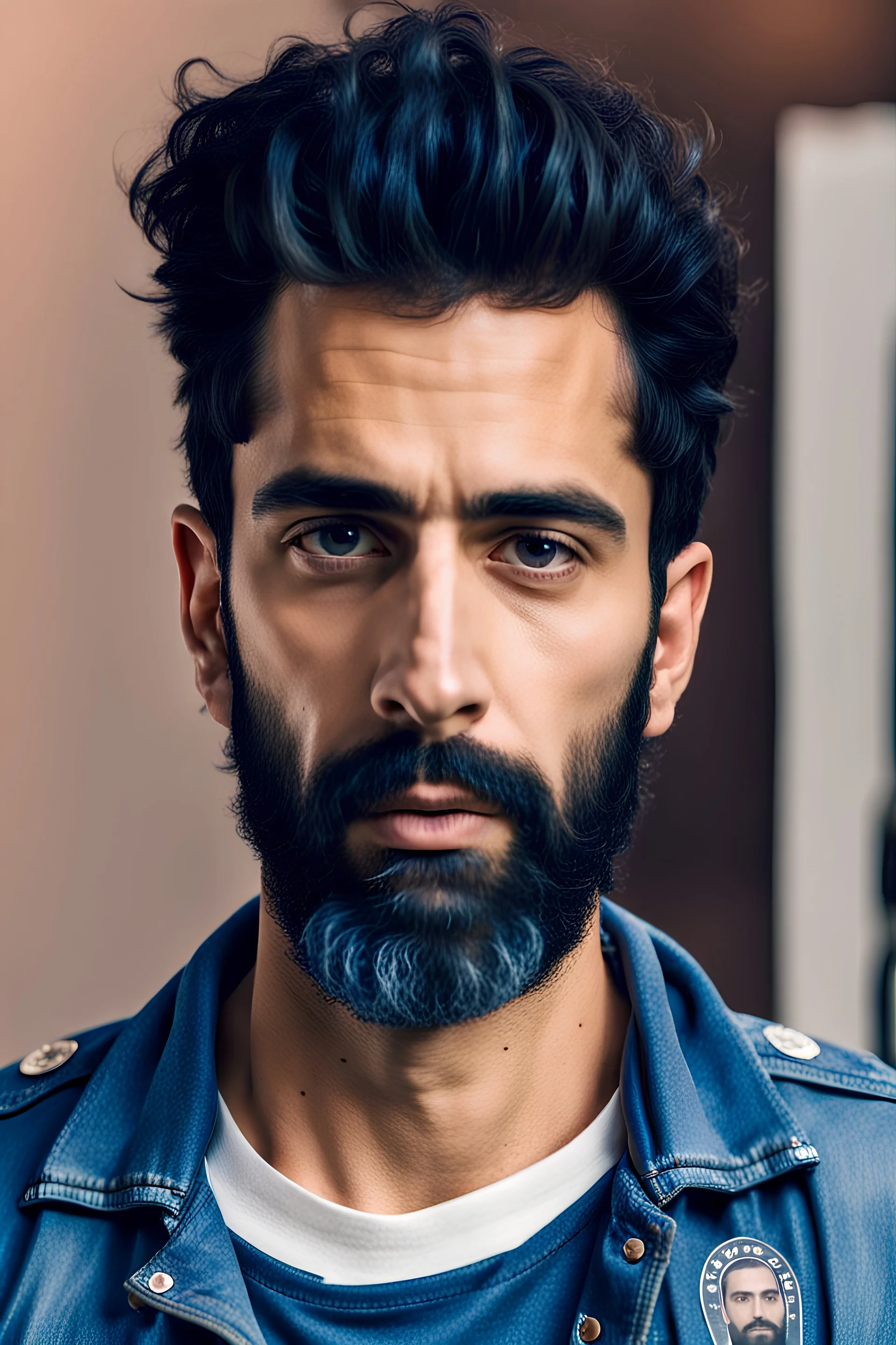 Polizeifoto Rami Malik mit Oberlippenbart in ärmelloser Denim Jacke und STP-T-Shirt, genervt in die Kamera starrend