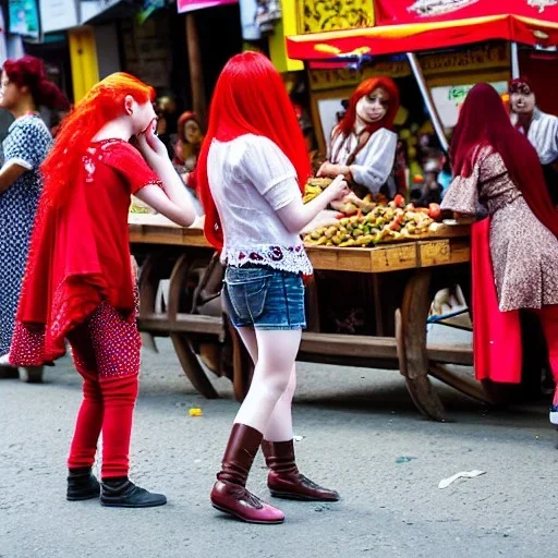 Three young teenagers with red hair, crowded busy street, stalls and carts with food and fruit, buildings made from wood and stone, town celebration, spellcasting, leather, form fitting,fantasy adventure, photorealistic, pristine, detailed faces, entertainers, dancing, singing, laughing, playing kid games, stealing, eating, bored, happy, excited, awestruck, signs, stores, horses, dogs, cats, humans, adults, children, street urchins