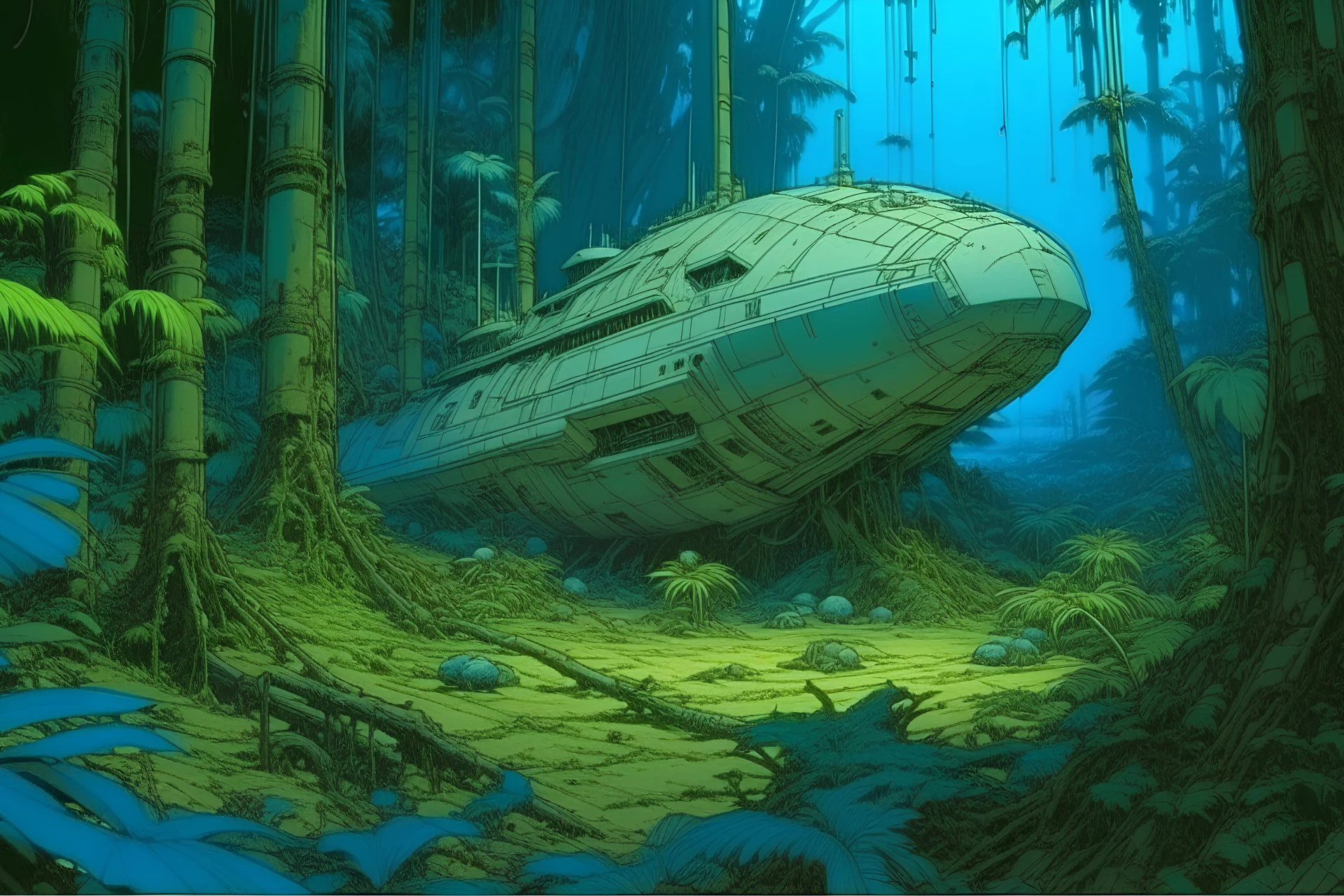 crushed spaceship in jungle, by Moebius