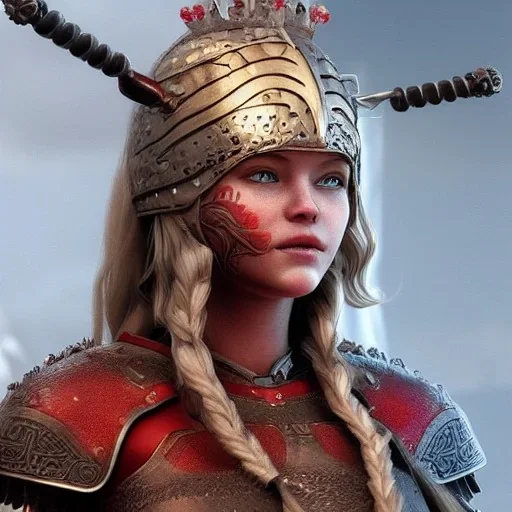 highly detailed girl viking queen, red glass armor, cinematic lighting, 4k, 8k, octane render, digital concept art, trending on artstation, pinterest, extremely detailed, ambient lighting.