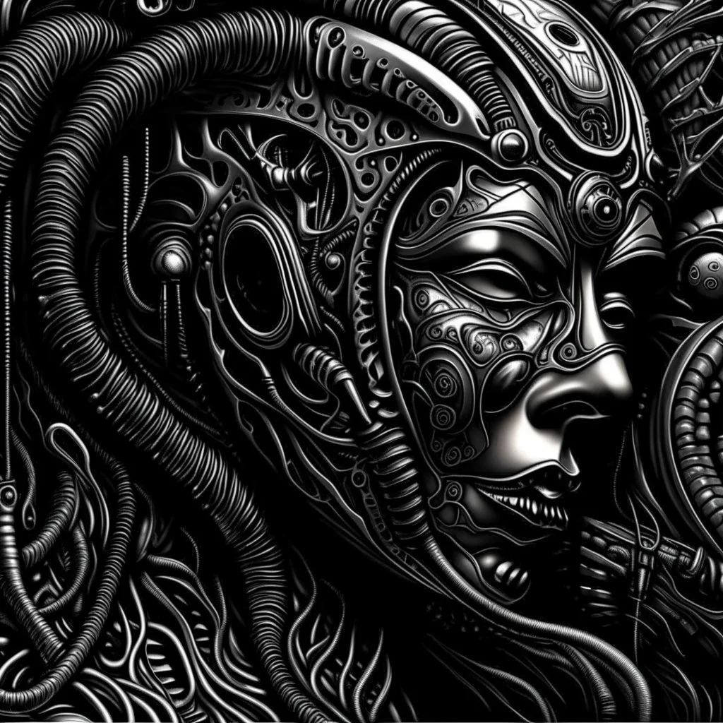 unrestrained chaos, regressive overlapping timeline, horror art, by Arthur Secunda and HR Giger, by Wes Benscoter, mind-bending illustration; dramatic and ominous, asymmetric, Braille language glyphs, abstract cosmic horror,