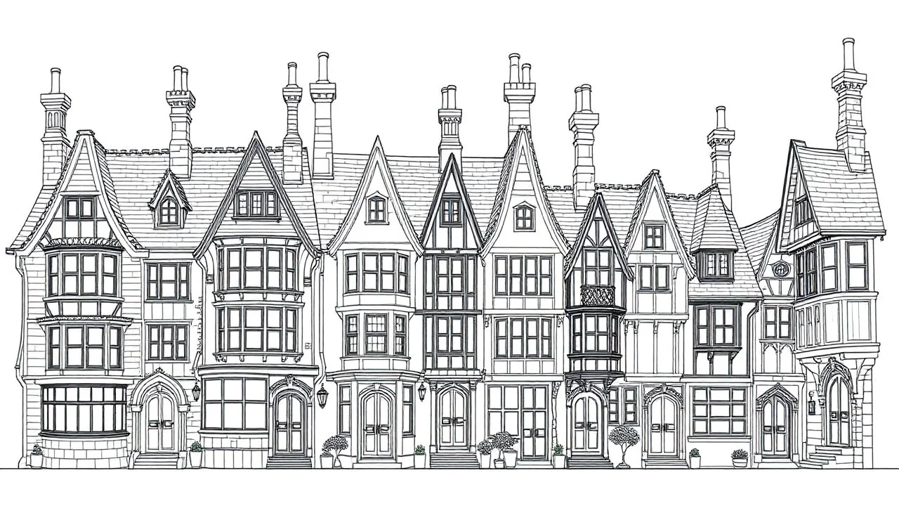 A highly detailed front elevation line drawing of a row of crooked fantasy houses, with twisted tall chimneys, rooms and floors added to sides and roofs, like Harry Potter's Diagon Alley.