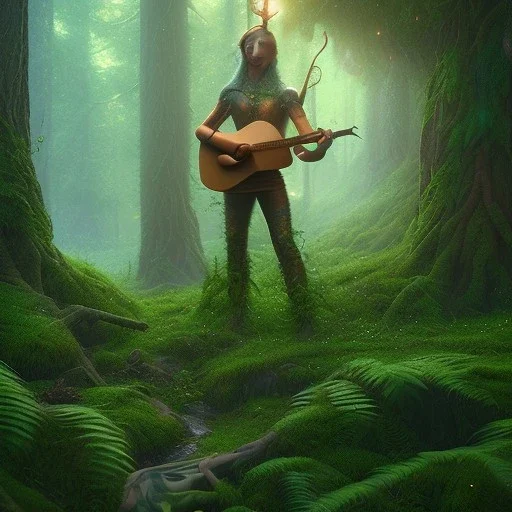 poet with lute, evening, glowing stone skin giant in magical forest, spray painting, foliage frame, fantasy art , movie poster, Realistic photography, incredibly detailed, ultra high resolution, 8k, complex 3d render, cinema 4d, color corrected