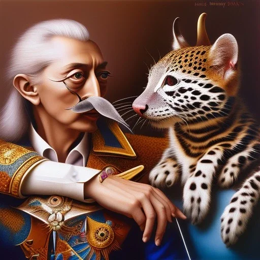 Salvador Dali embraces his pet ocelot Babou , hypperealism , surrealism , outlandish , extreme, high definition , high detailed, vivid deep colours,triple colors complex, oil on canvas ,8k portrait,sharp,beautiful faces ,beautiful eyes ,elegant moustache, focus, close up, fantasy view ,intricate ,masterpiece, by Salvador Dali .