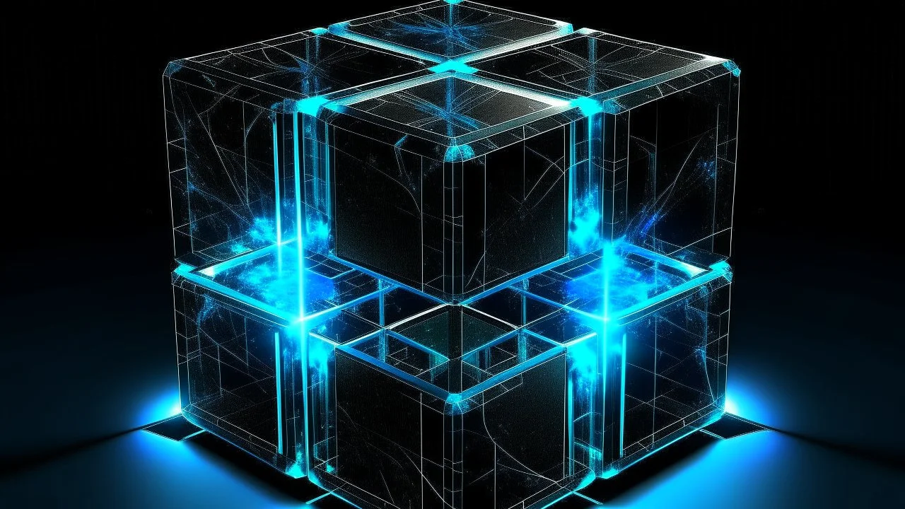 Cube tesseract located strictly in the middle of picture with space around it and with glow in tesseract, but without glow below it, without background or table.