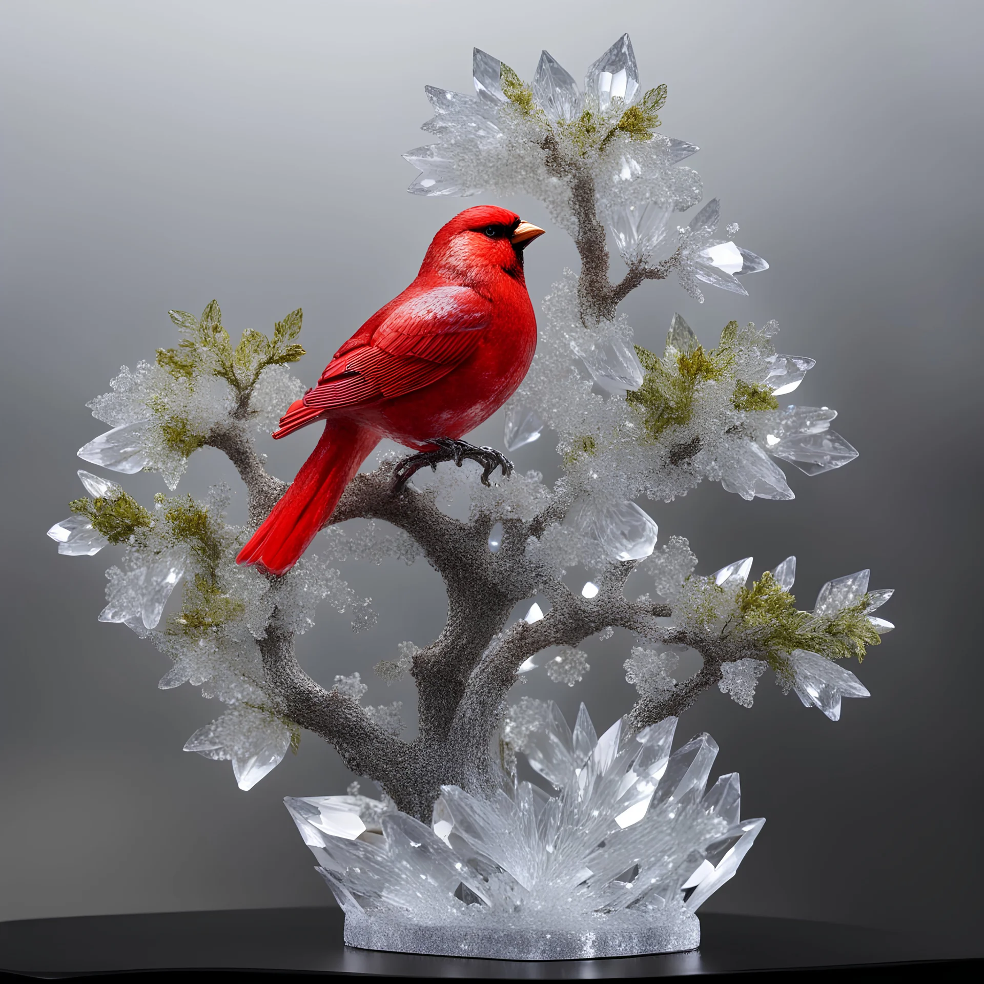 Crystal Cardinal bird sculpture nestled in a crystal bonsai tree, Crystalline creation, intricate and captivating qualities of crystals, made using dazzling crystals, crystal brilliance, crystal textures, crystal magical appeal, stunning charm and mystique, Amazing hyperdetailed masterpiece, realistic, volumetric lighting