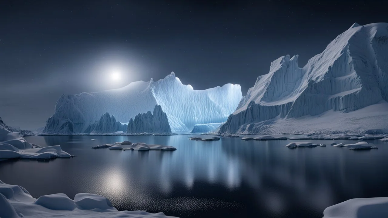 antarctica at night,glaciers,lakeside,8k, volumetric lighting, Dramatic scene,