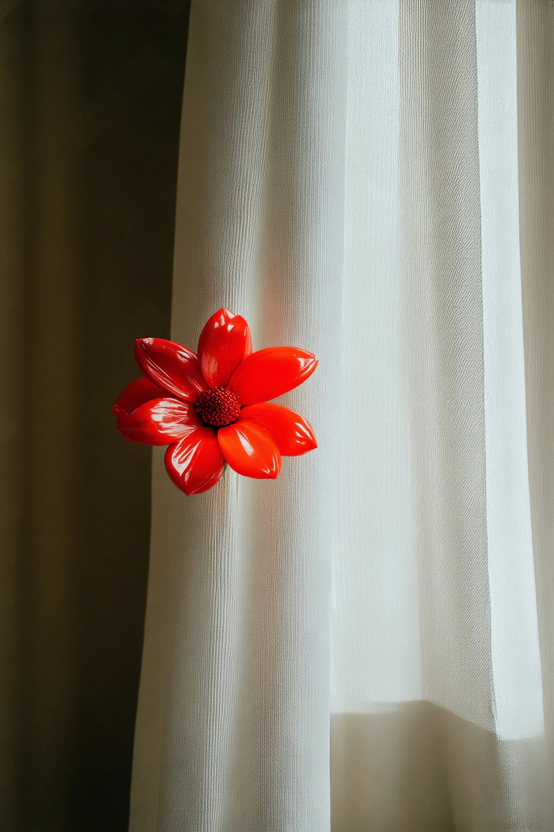 A shiny red latex flower on a curtain, worn kodachrome