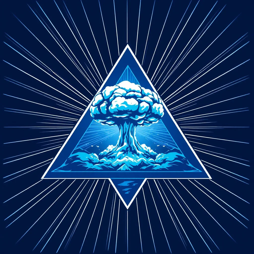 a blue nuclear explosion mushroom cloud inside an equilateral triangle, radiant lines, vector logo