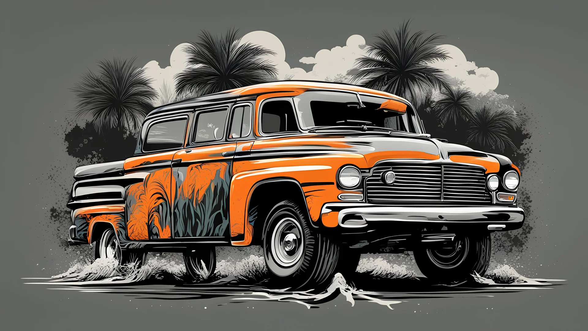 tosca and orange graphic logo illustration vector, clean design, intricate detail, monochromatic color, solid black background, made with adobe illustrator, in the style of Studio Gibli, nature,1952 GMC suburban, splash, color splash, offroad land background,in VARPJ1 Coloring Book Art Style