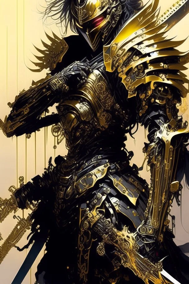 a person with a sword in their hand, very beautiful cyberpunk samurai, shirow masamune, black and golden armor, anime fantasy artwork, bio - mechanical ninja samurai, cyberpunk samurai, masamune, intricate assasin mecha armor, demon samurai warrior, light gold armor, ghostblade, lacquered armor, black and gold armor, demon samurai