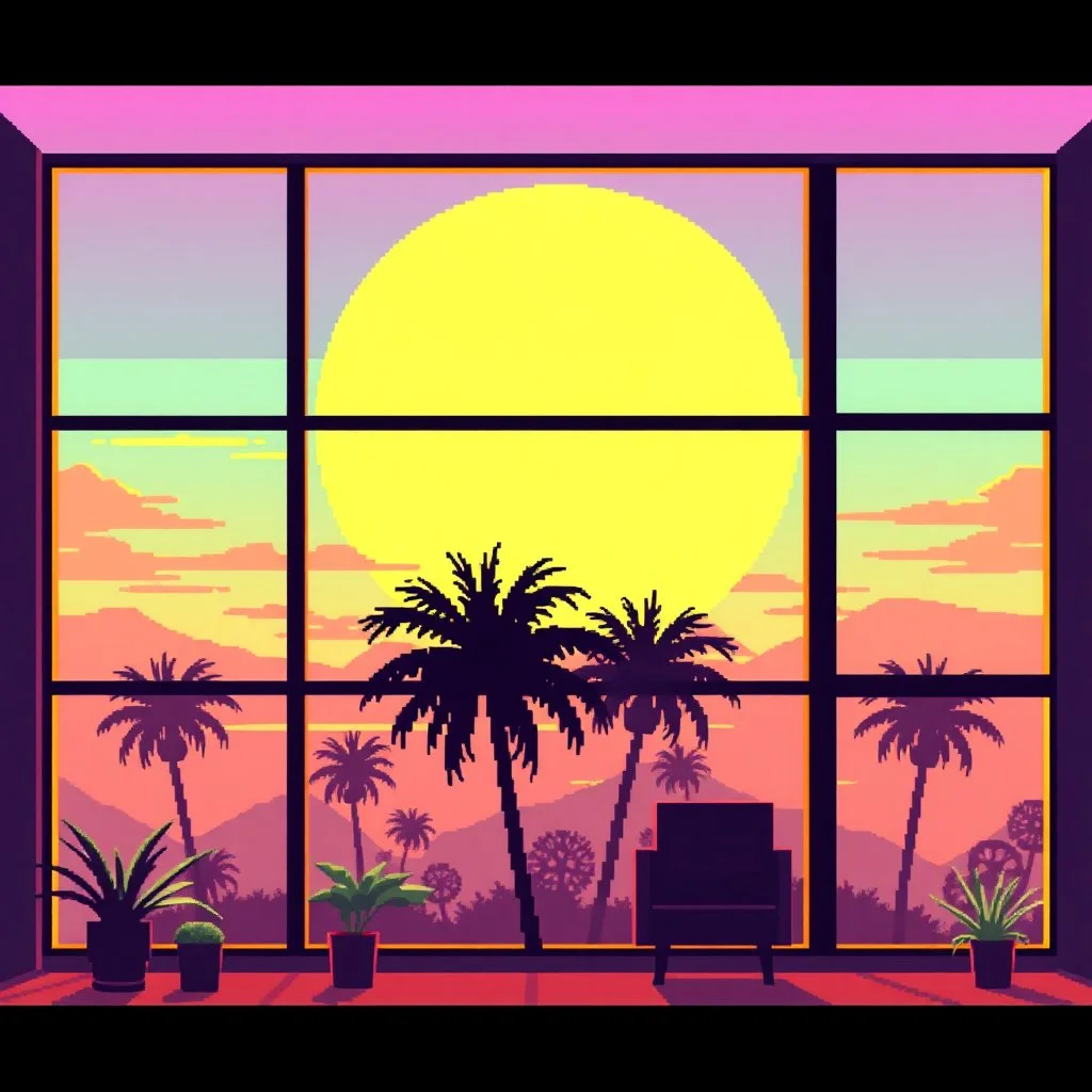 8 bit pixelart of sun, palmtrees synthwave, indoor