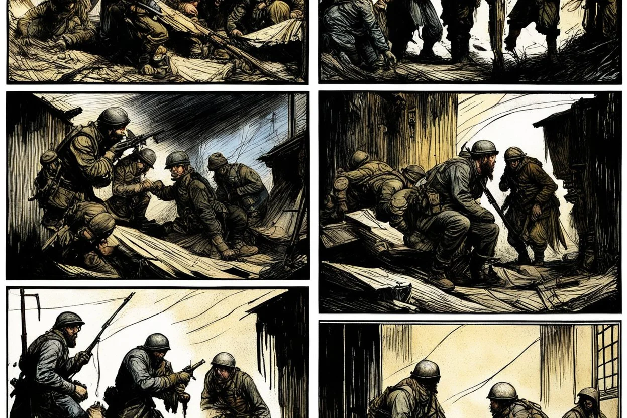 Masterpiece1:5)(Fineart), (award-winning:1.5), highest quality, war journalism, ink and colored pencil sketch of photocollage (by Gustave Doré, Jan Saudek:1.5),(Eastern Ukraine:(panel one:the moment after a battle ends, horrors of war, wounded men),(2nd panel, cinematic shot of men sitting in trench with 1000 yard stare (focus on their eyes:1.5)),(the third panel shows troops tired but hyper alert), (the fourth panel shows the sky is filled with incessant, fire and smoke everywhere,)