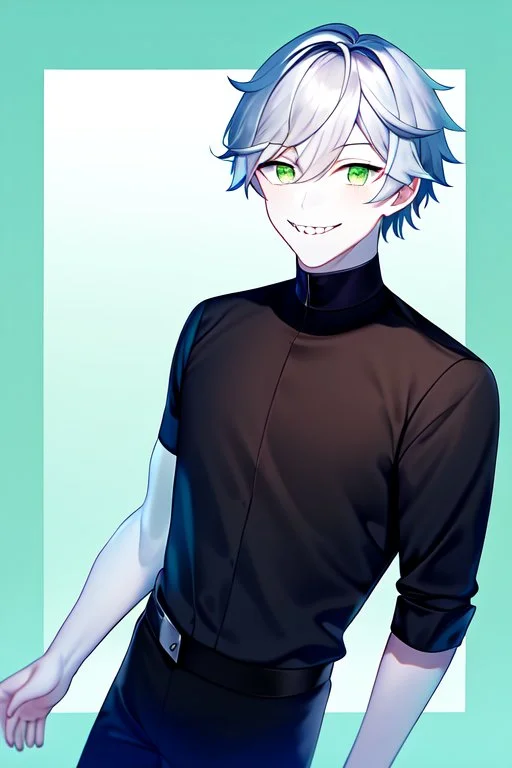 plauge doctor in balck leather clothes with silver hair, pale skin and bright green eyes smiling with sharp teeth, nice young face, male, viscious smile