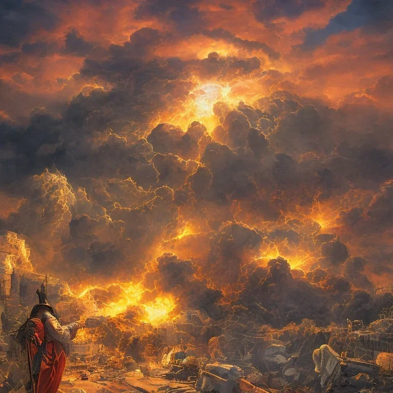  Jesus on the background of a nuclear explosion, in the dark, darkness, photorealistic illustration, 8k