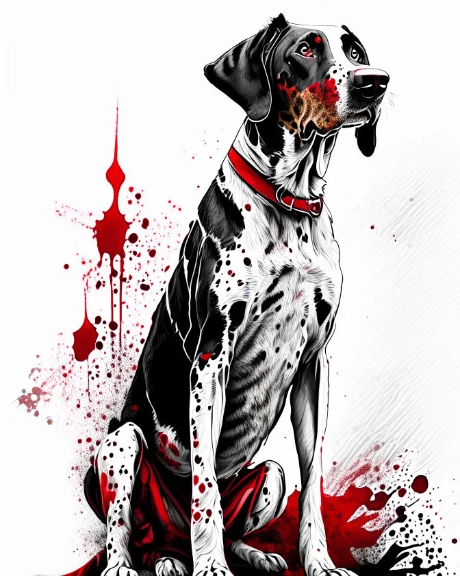 Dóberman dog sitting, front view, full body, ink lineart red white black