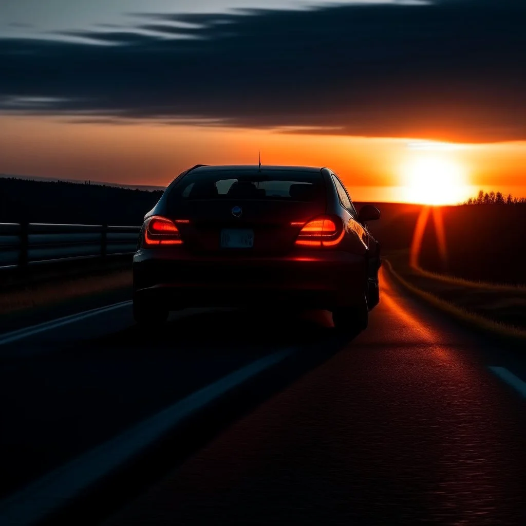 dark night, car taillights, driving towards a rising sun in the distance