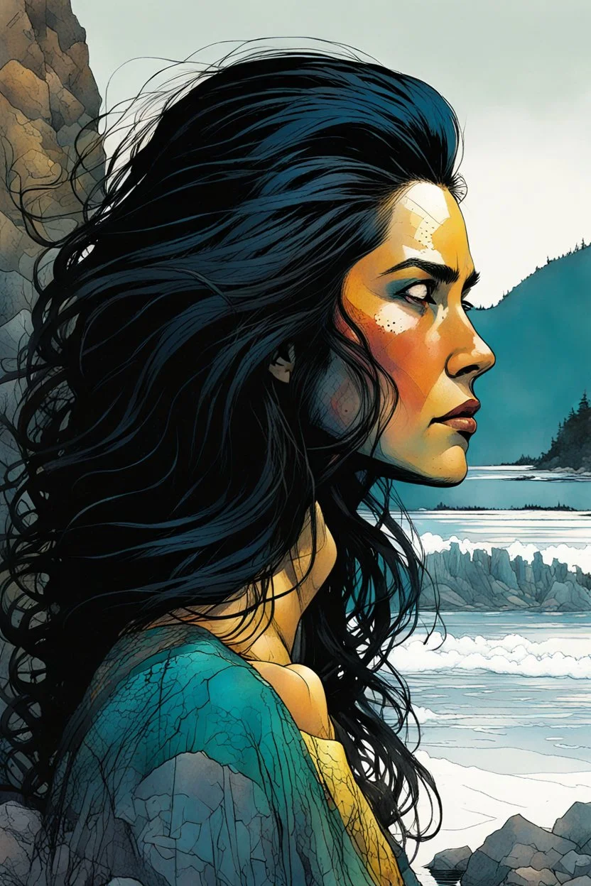 create a closeup front facing, full body print illustration of a raven haired female Salish shaman with finely detailed hair and feminine facial features, along the rocky shore of Vancouver Island , in the comic book art style of Bill Sienkiewicz, Mike Mignola, and Jean Giraud Moebius, finely textured, drawn, colored, and inked, suffused with the dramatic natural light of dawn