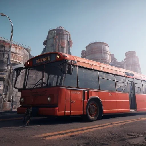 Man, futuristic bus, blue and sky lighting, guns, wearing red armor, unreal engine 5 --v 4