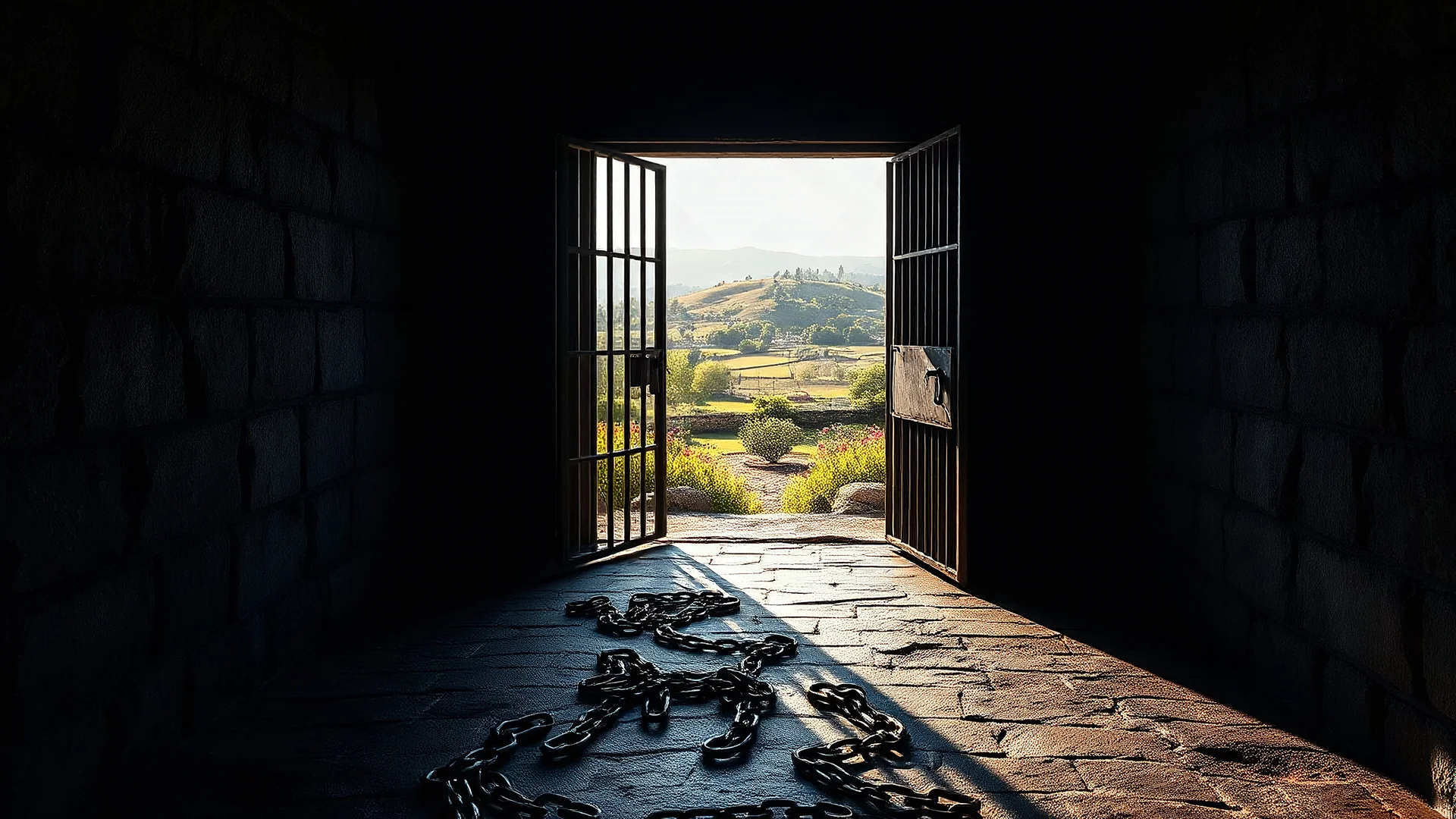 Inside a dark dismal cold prison cell with chains on the floor, looking out through a wide open heavy cell door into escape and freedom, with colourful gardens and distant hills in warm sunshine. Exquisite composition, beautiful detailed intricate detailed octane render, 8k artistic photography, photorealistic, perfect light, chiaroscuro, award-winning photograph, masterpiece