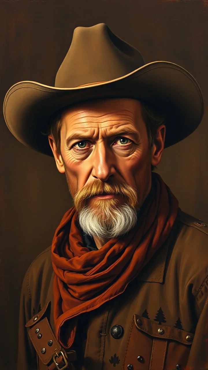 grant wood painting style , a portrait of a cowboy brown colors and dark brown background