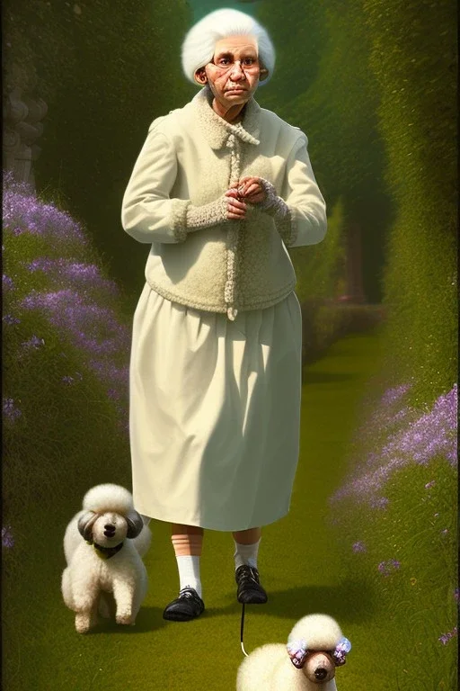 Old woman walking along a lane. White hair, overweight, skirt, green west. Poodle beside her. Vienna. perfect iris