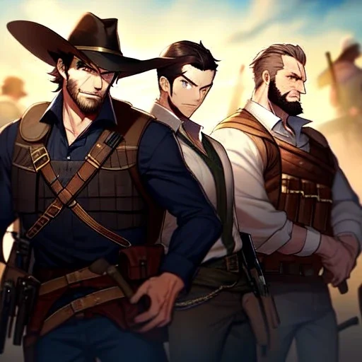 Clear Focus High resolution, Bearded, gunslinger, short brown hair, serious eyes, serious