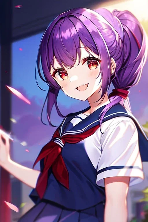 girl, masterpiece, best quality, cinematic lighting, detailed outfit, vibrant colors, perfect eyes, long hair, purple hair, red eyes, twin low ponytail, school outfit, laughing,