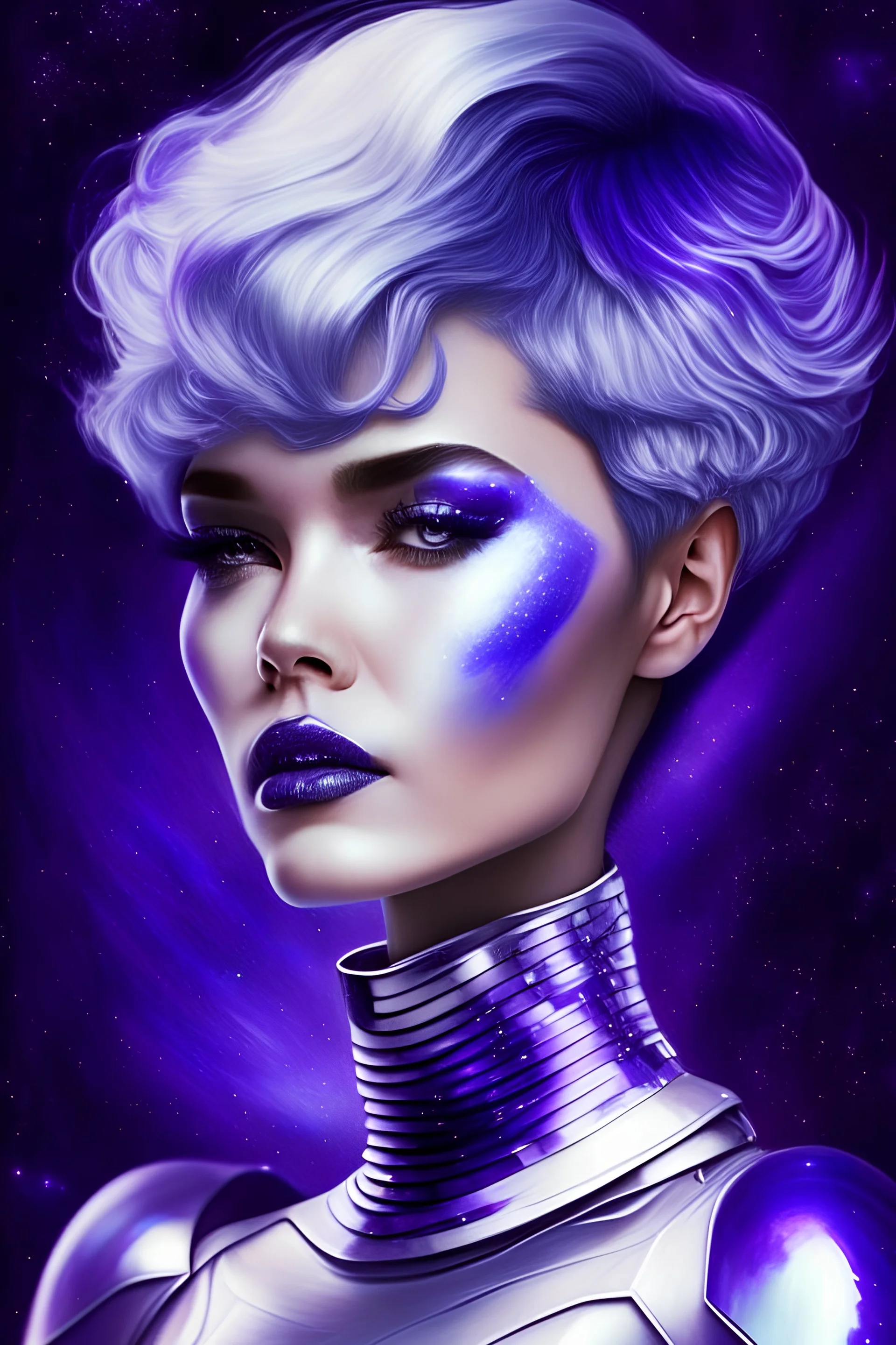 galactic woman beautifully dressed in silver and purple white and deep blue short hair girly lips initiated