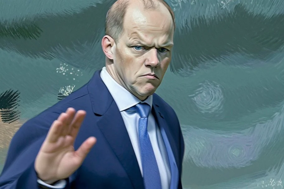 side view of Olaf Scholz walking, concerned expression, waving hand, pressed lips; in the style of VanGogh